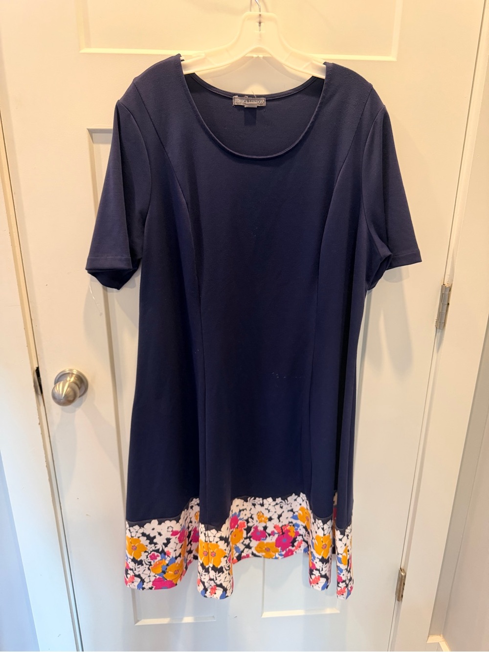 Jessica London Plus Size 22W Navy Floral Hem A-Line Dress Short Sleeve Stretch